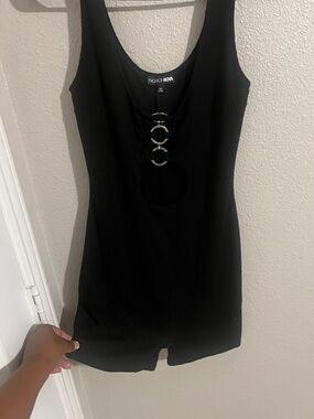 Fashion Nova Black Ribbed O-Ring Cutout  Romper